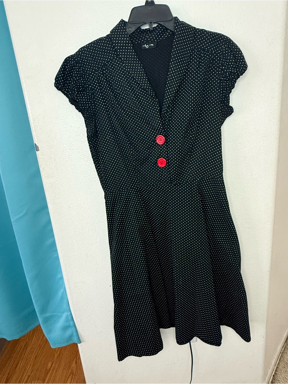Polka Dot Fit & Flare Dress with Red Button Detail